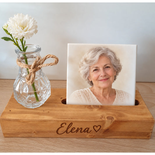 1. A Place in My Heart – Personalised Photo Tile with Wooden Holder