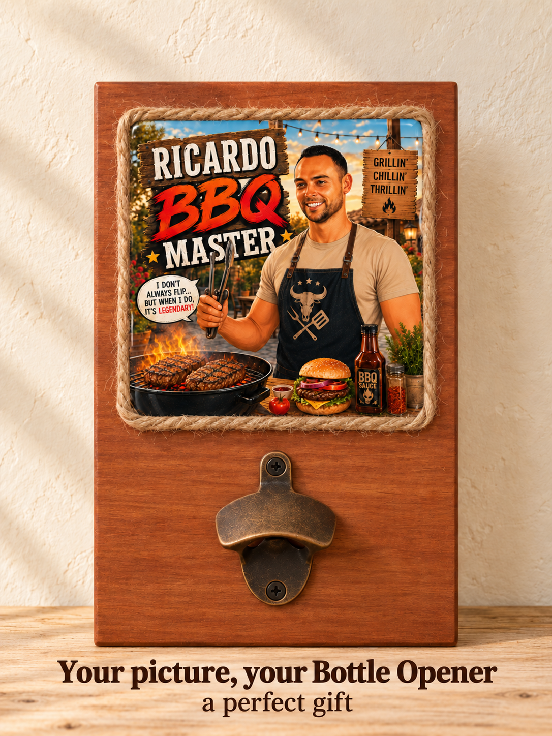 1. Wooden Bottle Opener with Decorative Tile