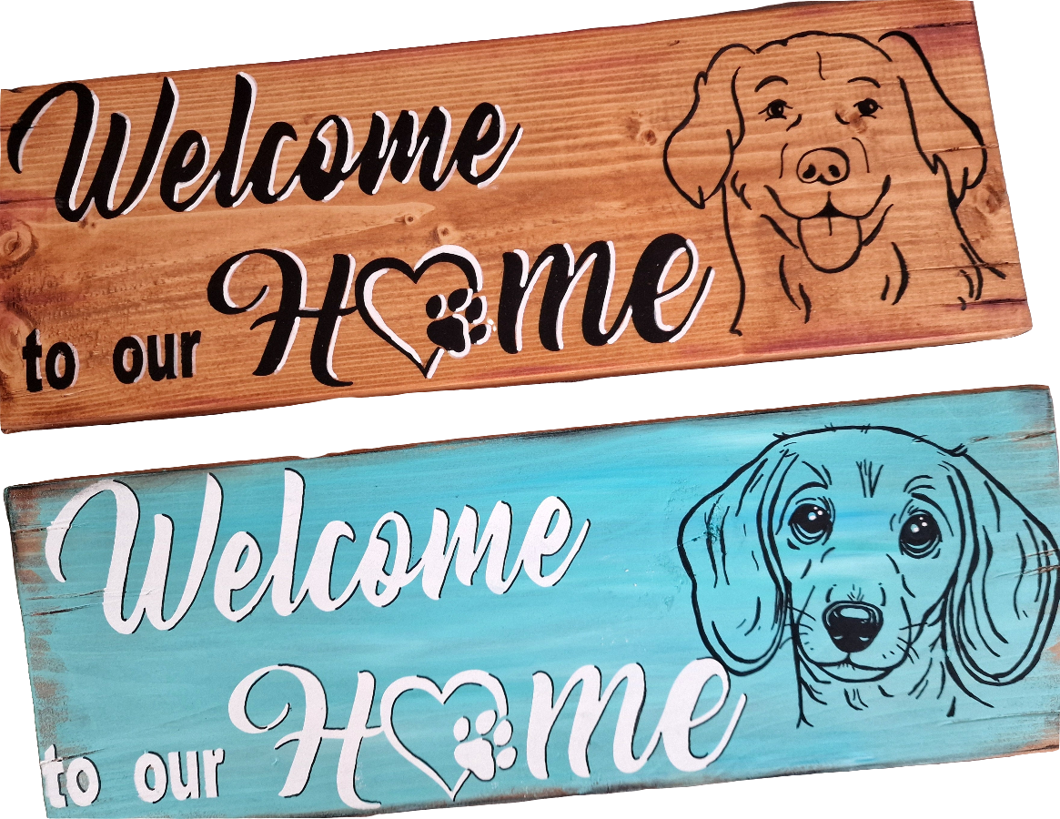 Personalized Wooden Welcome Sign with Pet Portrait. Gepersonaliseerd houten welkomstbord met huisdier. Handmade