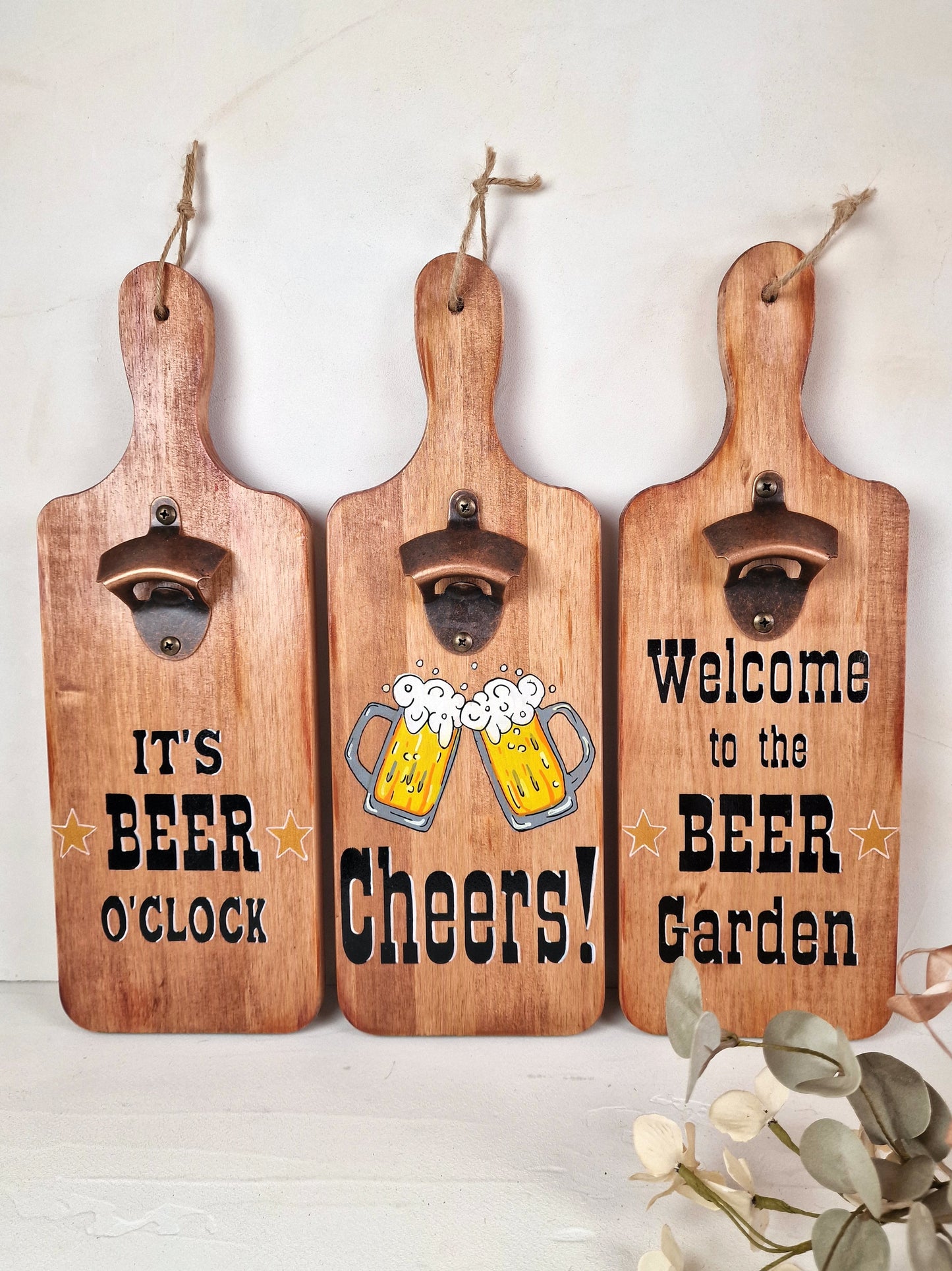 Hand-painted wooden board with bottle opener