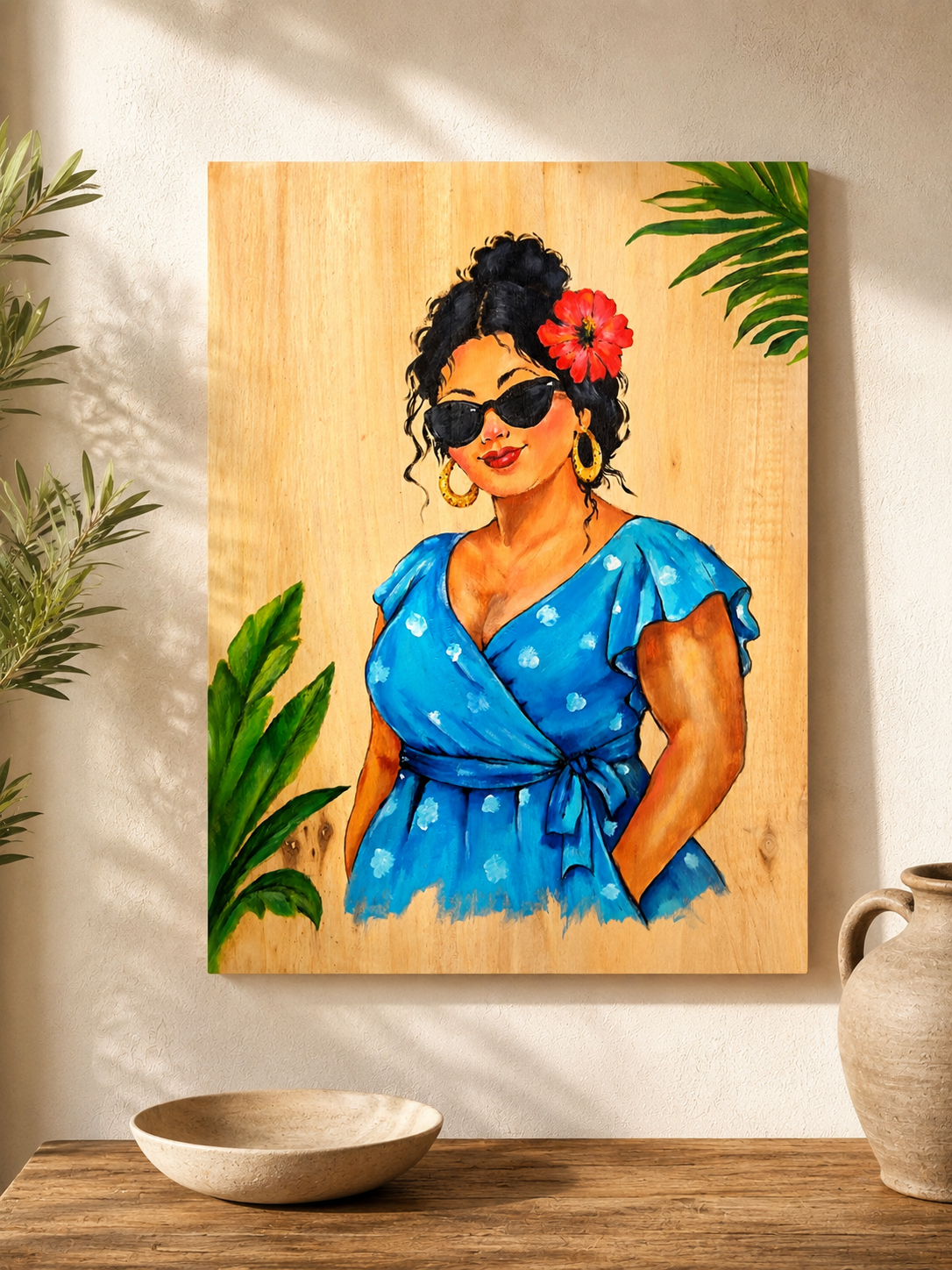 5. Happy Señorita – Hand-Painted Mediterranean Artwork on Wood