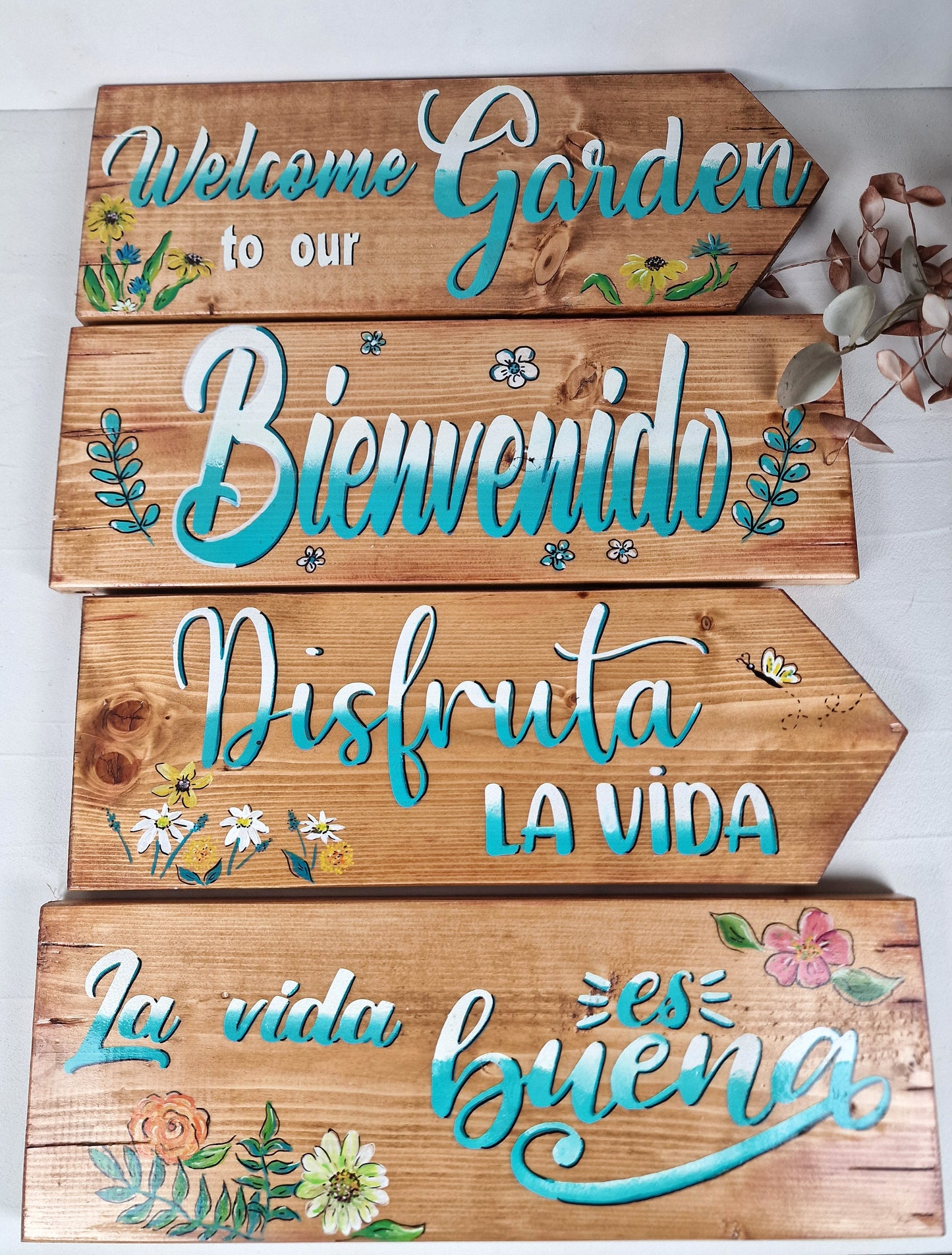 Wooden garden text signs